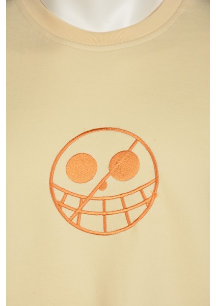 Unisex Basic Kısa Kollu Bej Tişört %100 Nakışlı One Piece Anime Relaxed Fit Pamuklu Tshirt
