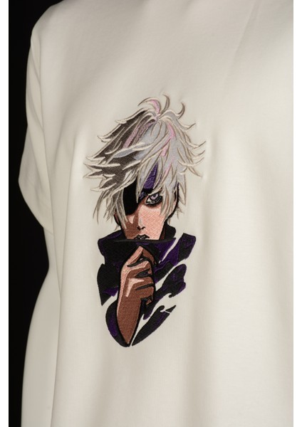 Anime Unisex Kısa Kollu Beyaz Loose Fit %100 Nakışlı Işlemli Gojo Satoru Tişört