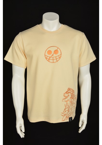 Unisex Basic Kısa Kollu Bej Tişört %100 Nakışlı One Piece Anime Relaxed Fit Pamuklu Tshirt