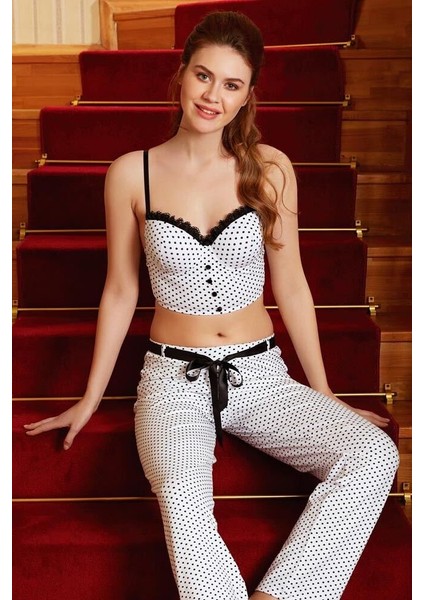 Kadın Bralet Sütyen Pamuklu Puantiye Desenli Desteksiz Dantel Detaylı Pijama Takımı