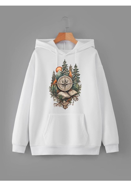 Doğa Temalı Baskılı Fermuarsız Kapüşonlu Sweatshirt