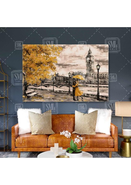 Romantik Sonbahar Sarılan Sevgililer Aşk Şemsiyeli Kadın Ve Erkek Sarı Ağaç Yatay Kanvas Tablo