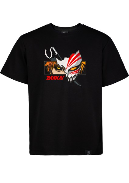 Siyah Regular Fit Unisex Pamuklu T-Shirt Rahat Kalıp Full Nakışlı Anime Kısa Kollu Tişört