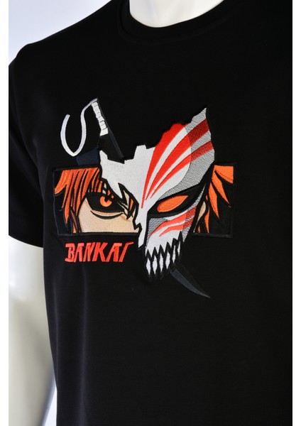 Siyah Regular Fit Unisex Pamuklu T-Shirt Rahat Kalıp Full Nakışlı Anime Kısa Kollu Tişört indirimleri