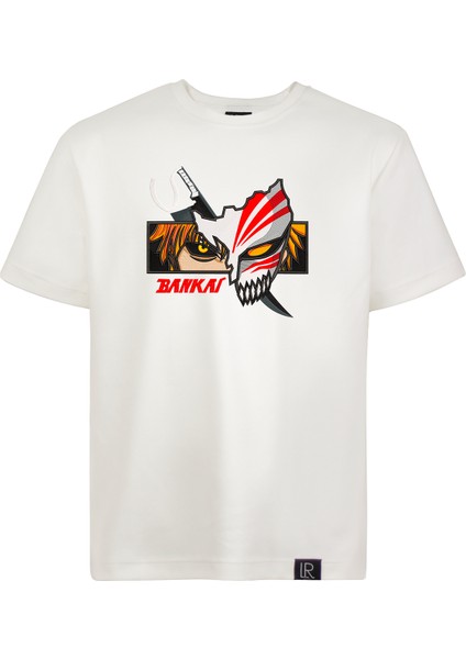 Beyaz Regular Fit Unisex Pamuklu T-Shirt Rahat Kalıp Full Nakışlı Anime Kısa Kollu Tişört