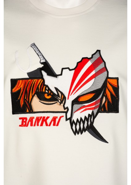 Beyaz Regular Fit Unisex Pamuklu T-Shirt Rahat Kalıp Full Nakışlı Anime Kısa Kollu Tişört