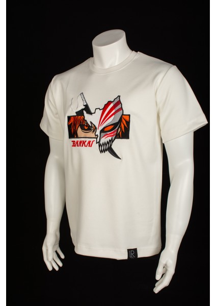 Beyaz Regular Fit Unisex Pamuklu T-Shirt Rahat Kalıp Full Nakışlı Anime Kısa Kollu Tişört