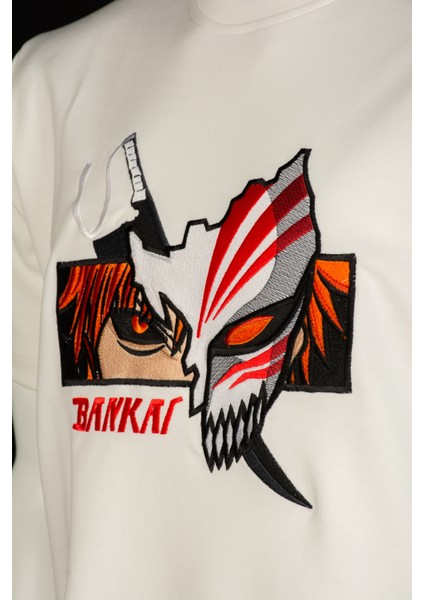 Beyaz Regular Fit Unisex Pamuklu T-Shirt Rahat Kalıp Full Nakışlı Anime Kısa Kollu Tişört