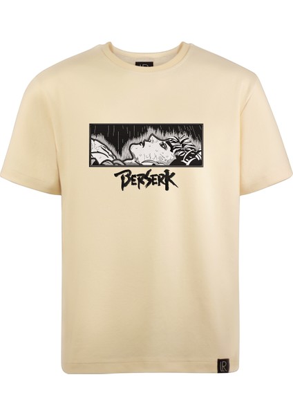 Bej Unisex Pamuklu Oversize T Shirt Anime Nakışlı Işlemli Kısa Kollu Bisiklet Yaka T-Shirt