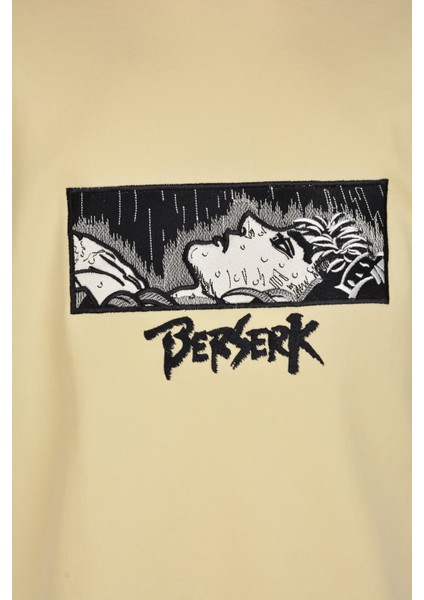 Bej Unisex Pamuklu Oversize T Shirt Anime Nakışlı Işlemli Kısa Kollu Bisiklet Yaka T-Shirt