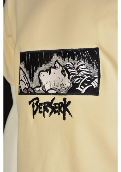 Bej Unisex Pamuklu Oversize T Shirt Anime Nakışlı Işlemli Kısa Kollu Bisiklet Yaka T-Shirt