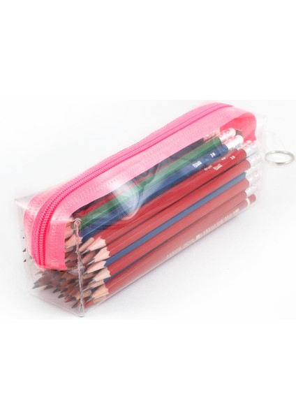 Pembe Fermuarlı Kaliteli Pvc Şeffaf Kalemlik Makyaj Çantası Kalem Kutusu