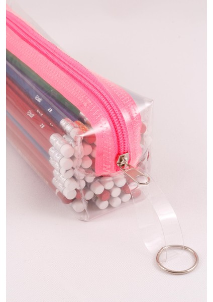 Pembe Fermuarlı Kaliteli Pvc Şeffaf Kalemlik Makyaj Çantası Kalem Kutusu indirimleri