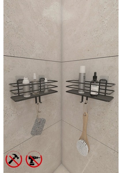 Yapışkanlı Kancalı 2 Adet Banyo Rafı Mat Siyah Banyo Duş Askısı