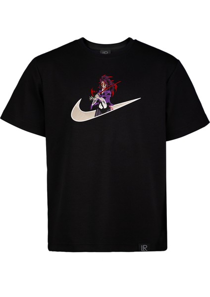 Unisex Siyah Bisiklet Yaka Loose Fit Akaza Anime Nakış Baskılı Pamuklu Tshirt