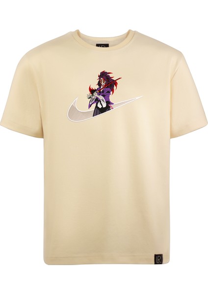 Unisex Bej Bisiklet Yaka Loose Fit Akaza Anime Nakış Baskılı Pamuklu Tshirt