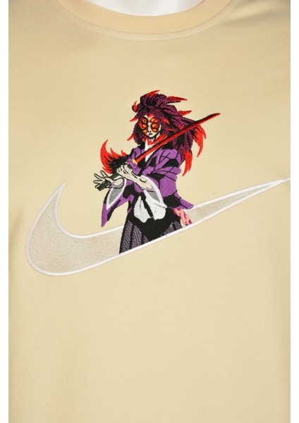 Unisex Bej Bisiklet Yaka Loose Fit Akaza Anime Nakış Baskılı Pamuklu Tshirt