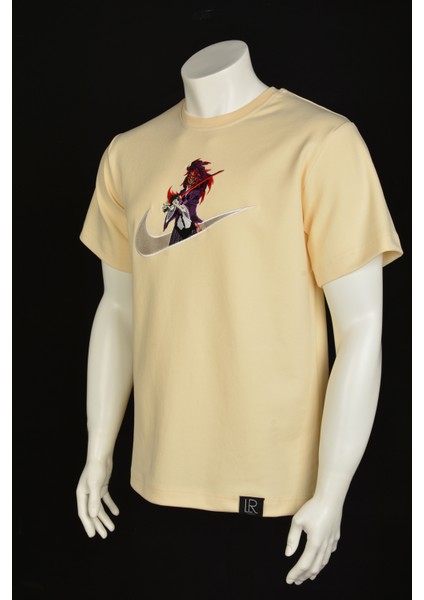 Unisex Bej Bisiklet Yaka Loose Fit Akaza Anime Nakış Baskılı Pamuklu Tshirt