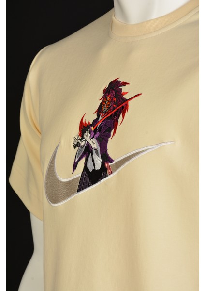Unisex Bej Bisiklet Yaka Loose Fit Akaza Anime Nakış Baskılı Pamuklu Tshirt