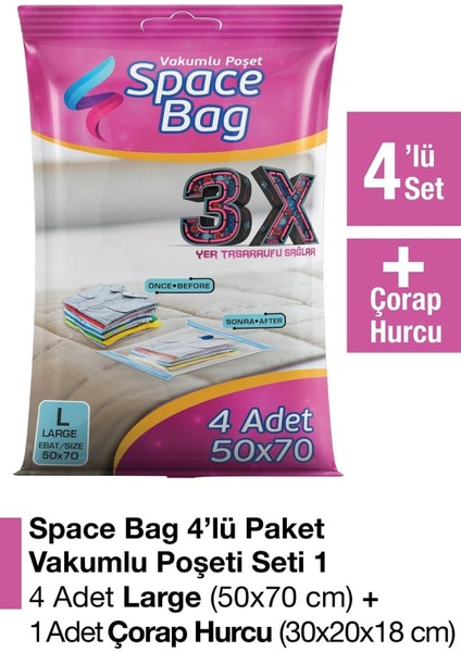 4 Adet 55X90 Vakumlu Poşet Seti + 1 Adet Çorap Hurcu
