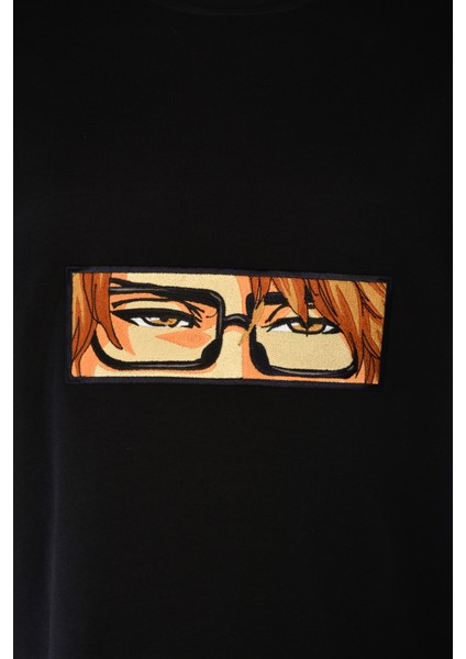 Siyah Kısa Kollu T Shirt Pamuklu Yüksek Kalite Aizen Sosuker Nakışlı Anime Tişört