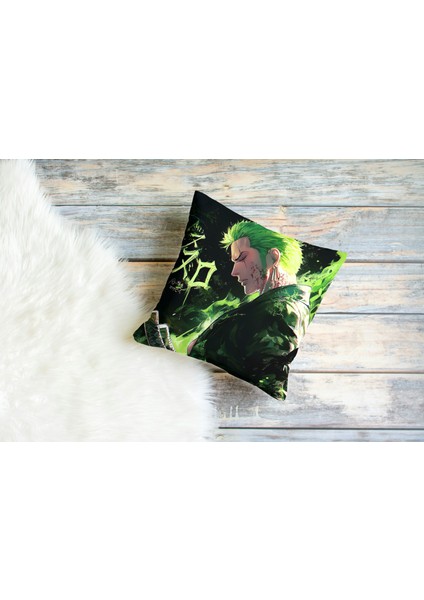 One Piece Zoro Sıyah Yesıl Desenli Kare Yastık Kılıfı