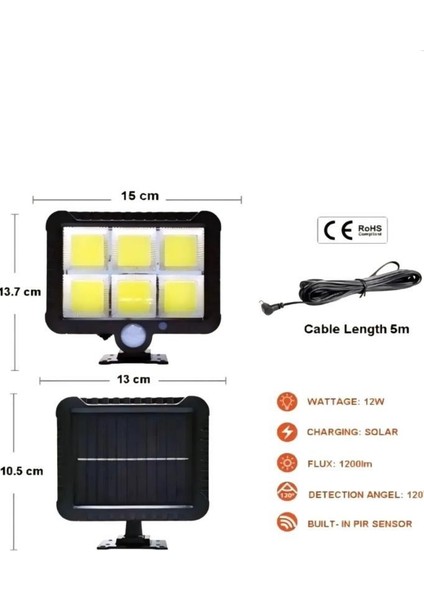 12 W Hareket Sensörlü Solar LED Lamba Güneş Enerjili Bahçe Depo Duvar Aydınlatma Kapı Işık Lambası