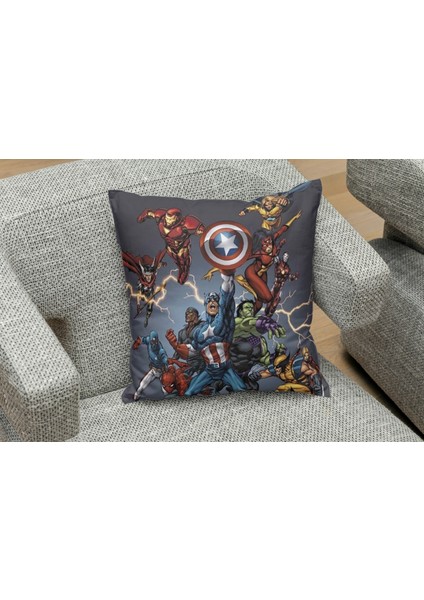 Avengers Heroes Gri Desenli Kare Yastık Kılıfı