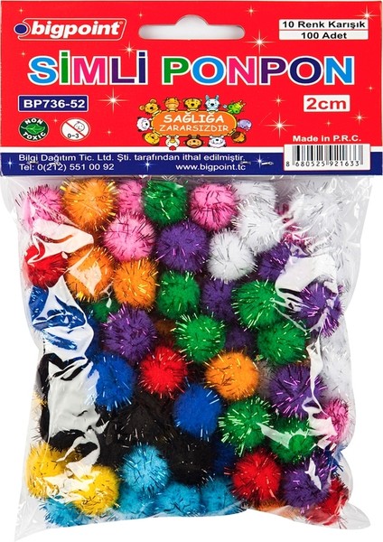 | Simli Ponpon, El Işi Projeleri Için Uygun Yün Ponpon Seti, 2 Cm, 10 Farklı Renk, 100'LÜ Poşet