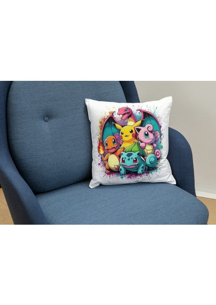 En Cici Pekemonlar Desenli Kare Yastık Kılıfı