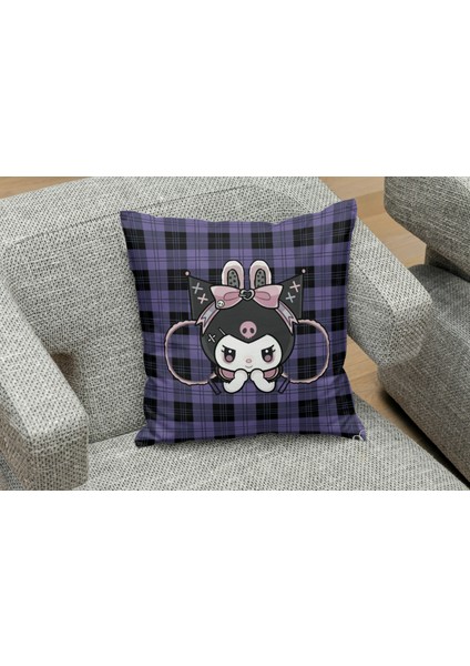 Kuromi Ekose Mor Desenli Kare Yastık Kılıfı