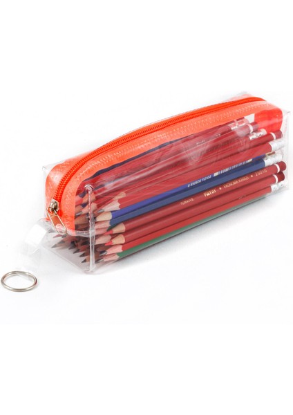 Turuncu Fermuarlı Kaliteli Pvc Şeffaf Kalemlik Makyaj Çantası Kalem Kutusu