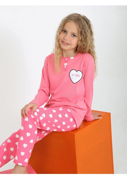 Kız Çocuk Uzun Kollu Pamuklu Düğme Detaylı Pijama Takımı Je T'aime