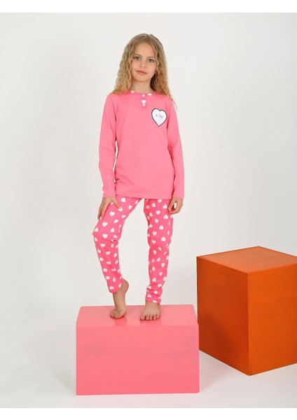 Kız Çocuk Uzun Kollu Pamuklu Düğme Detaylı Pijama Takımı Je T'aime