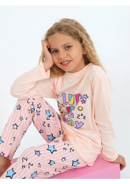 Kız Çocuk Uzun Kollu %100 Pamuklu Pijama Takımı Happy Life