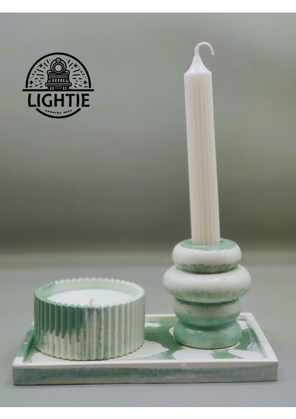 Lightie Dekoratif Terazzo Aromaterapi Doğal Soya Mum (Sandal) & Şamdan Seti Yeşil