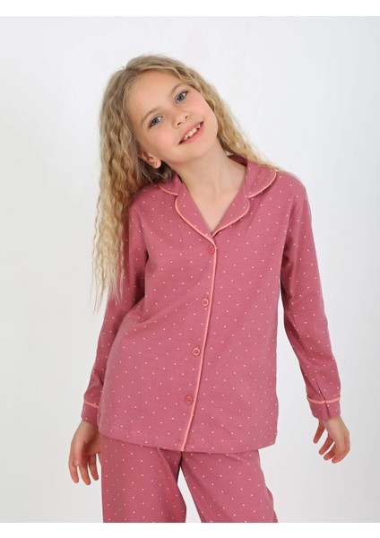 Kız Çocuk Uzun Kollu Düğmeli Pijama Takımı Mini Puanlı Mürdüm
