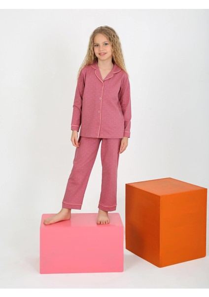 Kız Çocuk Uzun Kollu Düğmeli Pijama Takımı Mini Puanlı Mürdüm