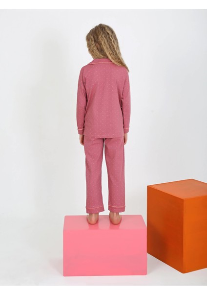 Kız Çocuk Uzun Kollu Düğmeli Pijama Takımı Mini Puanlı Mürdüm