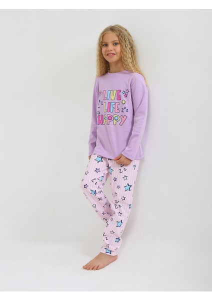 Kız Çocuk Uzun Kollu Pamuklu Pijama Takımı Happy Life