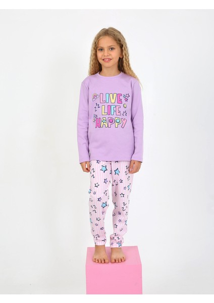 Kız Çocuk Uzun Kollu Pamuklu Pijama Takımı Happy Life