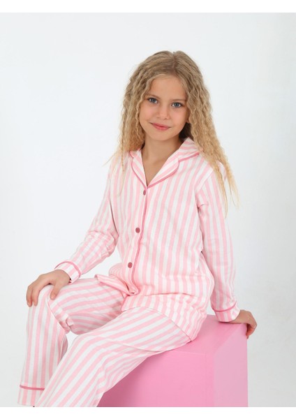 Kız Çocuk Uzun Kollu %100 Pamuklu Düğmeli Pijama Takımı Pure