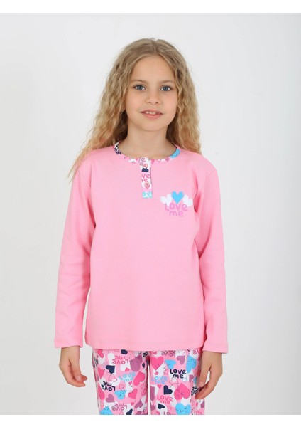 Kız Çocuk Uzun Kollu Pamuklu Düğme Detaylı Pijama Takımı Love Me