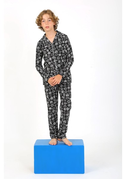 Erkek Çocuk Uzun Kollu Pamuklu Düğmeli Pijama Takımı Arma Uzun