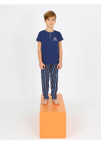 Erkek Çocuk Kısa Kollu %100 Pamuklu Düğme Detaylı Blue Wave Pijama Takımı Indigo