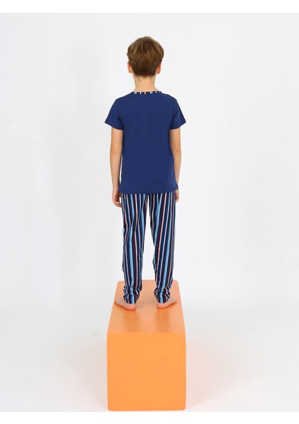 Erkek Çocuk Kısa Kollu %100 Pamuklu Düğme Detaylı Blue Wave Pijama Takımı Indigo