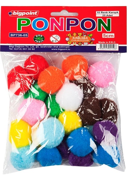 | Ponpon, El Işi Projeleri Için Uygun Yün Ponpon Seti, 5 Cm, 10 Farklı Renk, 25'li Poşet