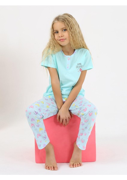 Kız Çocuk Kısa Kollu Pamuklu Düğme Detaylı Dreamer Pijama Takımı