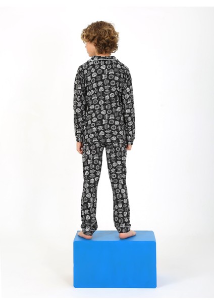 Erkek Çocuk Uzun Kollu %100 Pamuklu Düğmeli Pijama Takımı Arma Uzun fırsatları