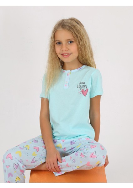 Kız Çocuk Kısa Kollu Pamuklu Düğme Detaylı Dreamer Pijama Takımı